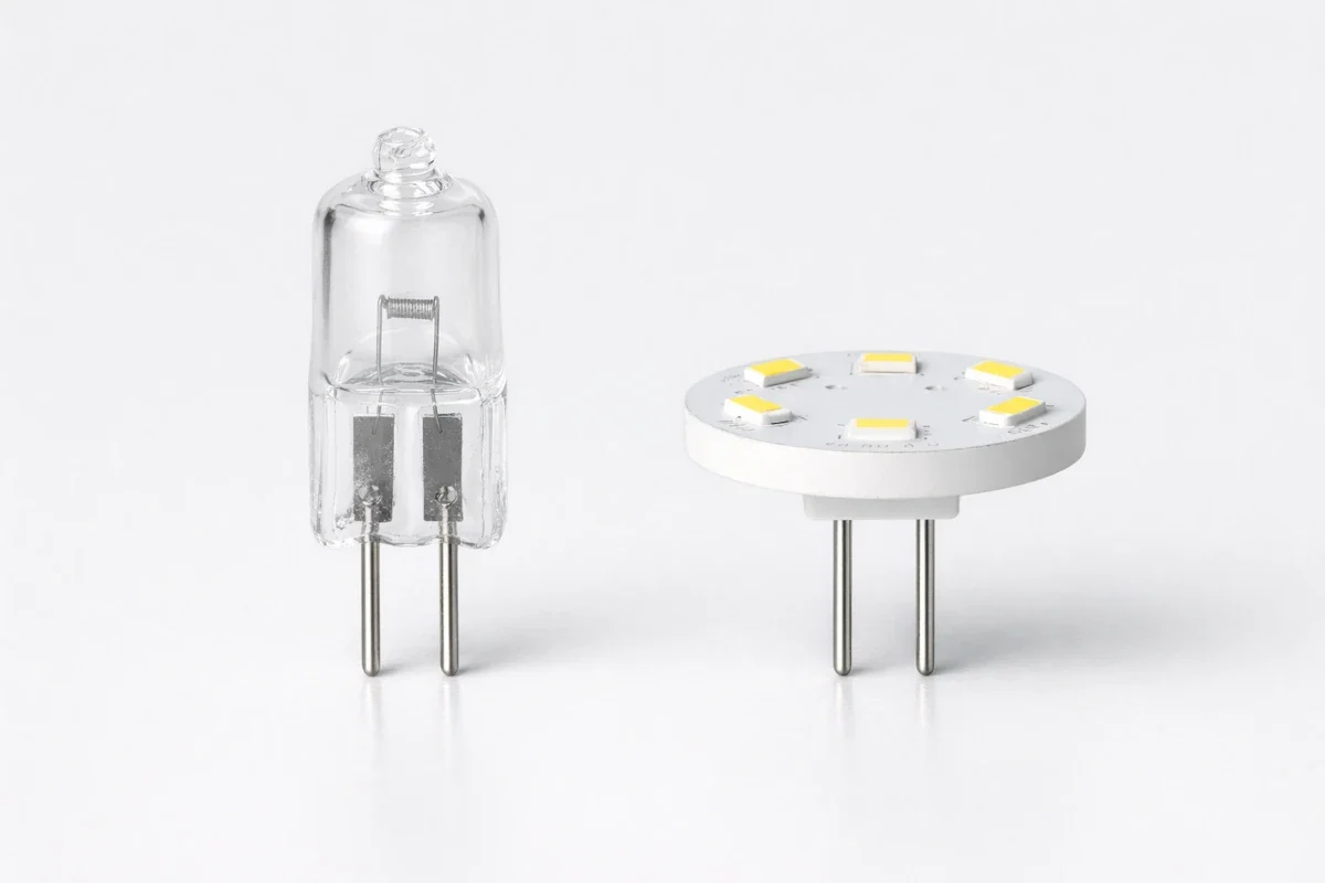 G4 Sockel mit 4 mm Pins – Stiftsockel und LED-Plättchen für 12V-Leuchten. Studioaufnahme eines G4 Stiftsockel-Leuchtmittels und eines G4 LED-Plättchens mit 4 mm Pin-Abstand.