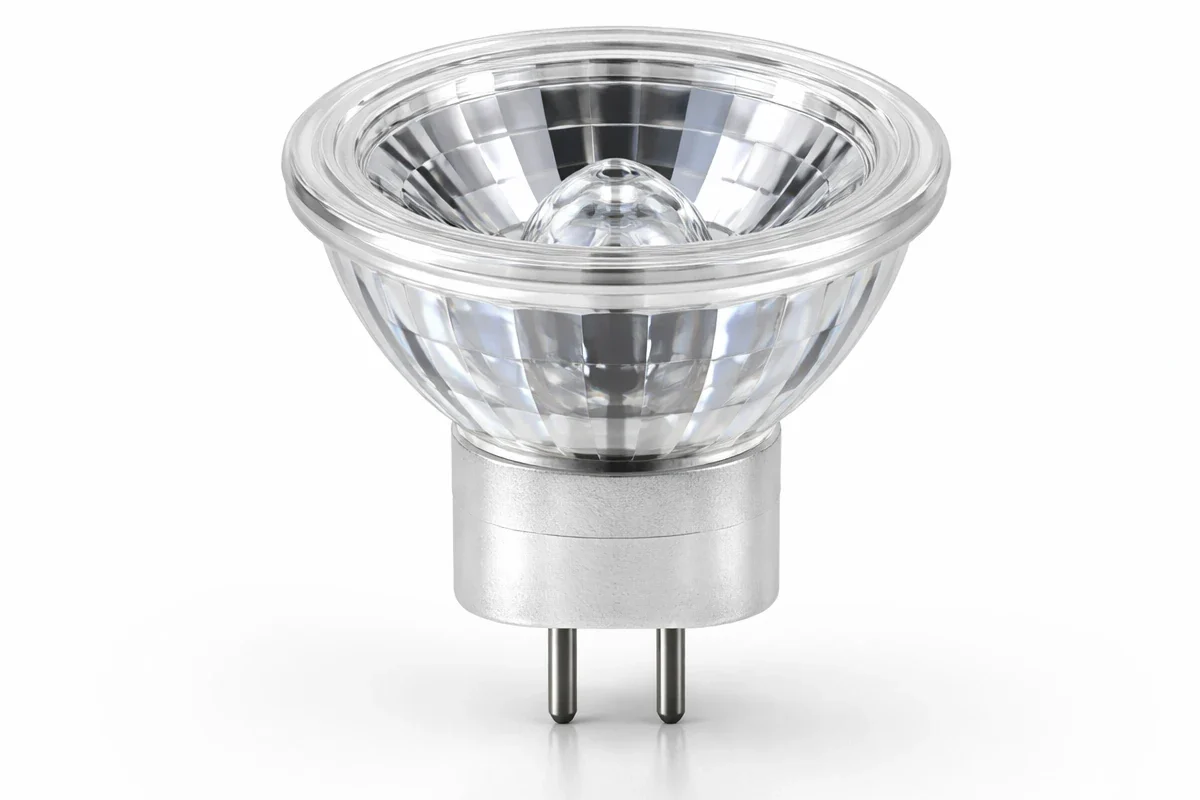 MR8 LED erkennen: GU4 Sockel (4 mm Pins) – kompakter 12-V Spot für Möbel und Mini-Einbauleuchten. Makroaufnahme eines MR8 LED-Spots mit GU4 Sockel und zwei Pins auf hellem Studiohintergrund.