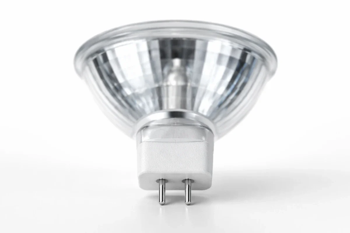 MR16 LED erkennen: GU5.3 Sockel (5,3 mm Pins) – passend für 12-V Spot-Installationen. Makroaufnahme eines MR16 LED-Spots mit GU5.3 Sockel und zwei Pins auf hellem Studiohintergrund.