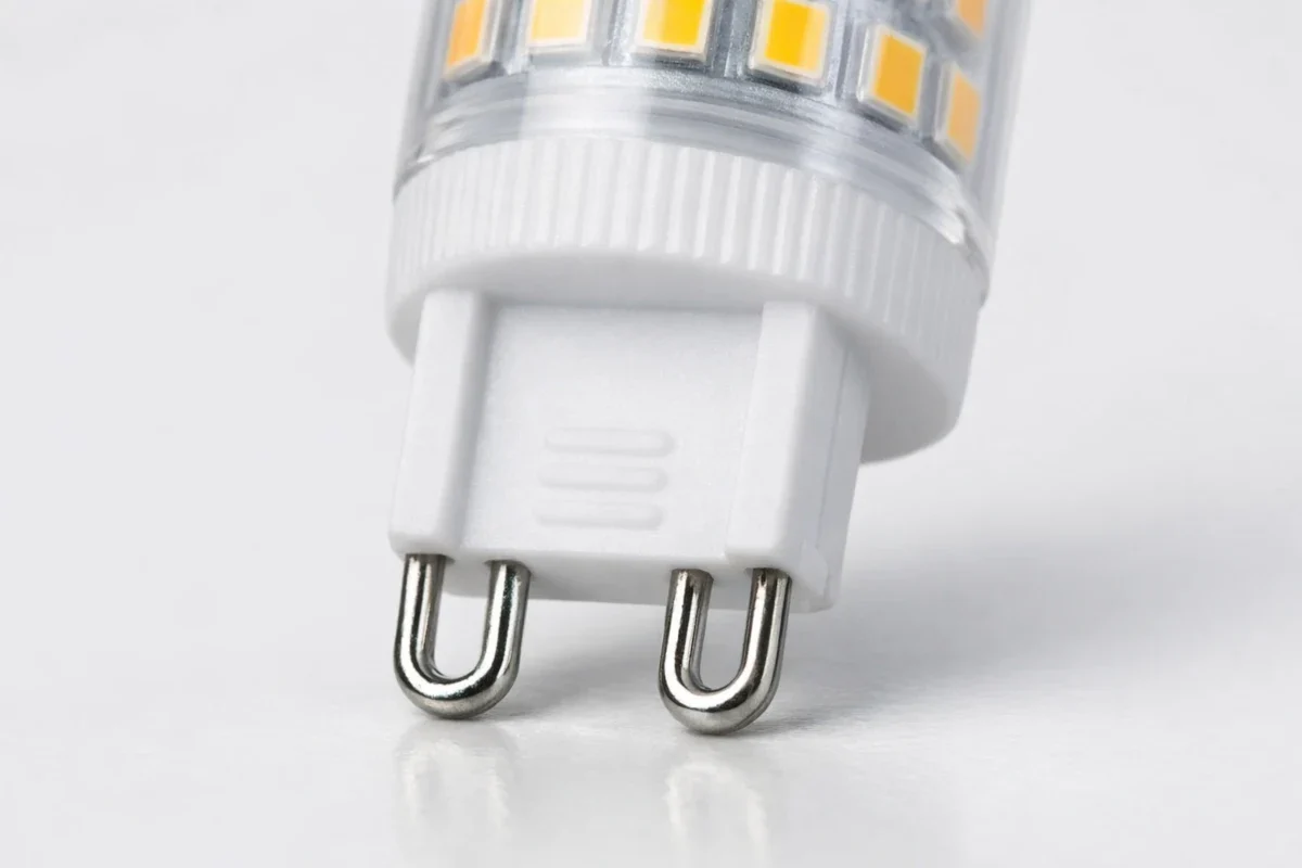 G9 Sockel erkennen: 9 mm Stiftsockel für 230V Halogen- und LED-Lampen. Nahaufnahme eines G9 LED-Leuchtmittels mit deutlich sichtbaren U-förmigen Kontaktpins im Abstand von 9 mm.