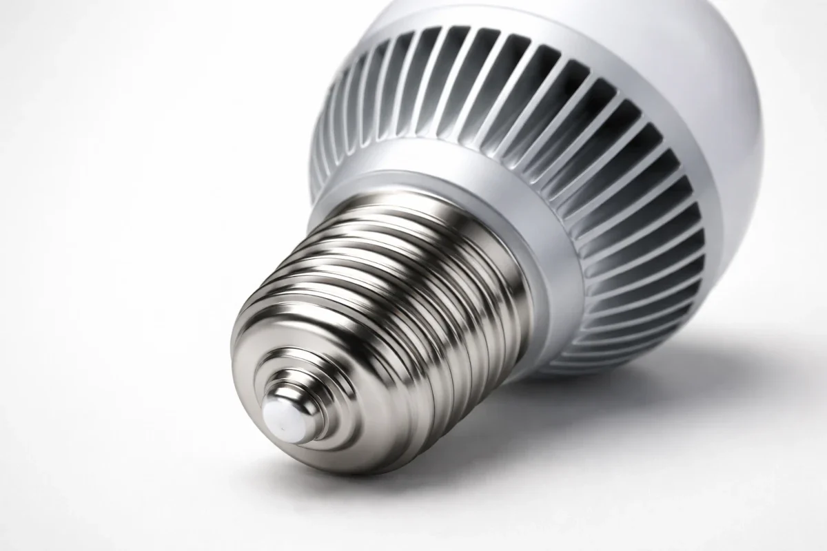 E40 Sockel erkennen: 40 mm Schraubgewinde für Industrie- und Hochleistungsleuchten. Nahaufnahme eines großen E40 LED-Leuchtmittels mit deutlich sichtbarem 40 mm Schraubsockel auf hellem Studiohintergrund.