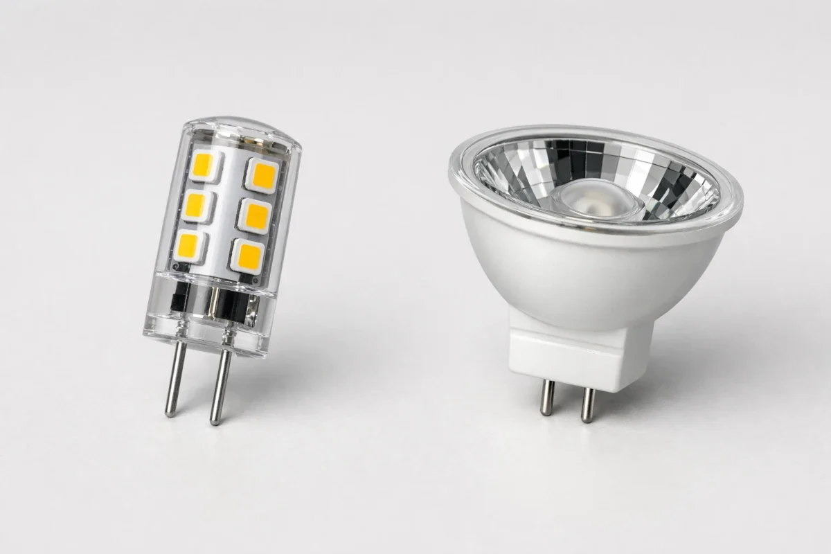 Unterschied zwischen G4 und GU4 LED-Sockel im direkten Vergleich Vergleich G4 Stiftsockel und GU4 MR11 LED mit 4 mm Pin-Abstand nebeneinander