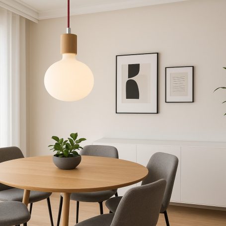 Pendelleuchte mit Globe LED in Porzellan Optik Moderner Essbereich mit hängender Lampe, runder Tisch und grüner Pflanze.
