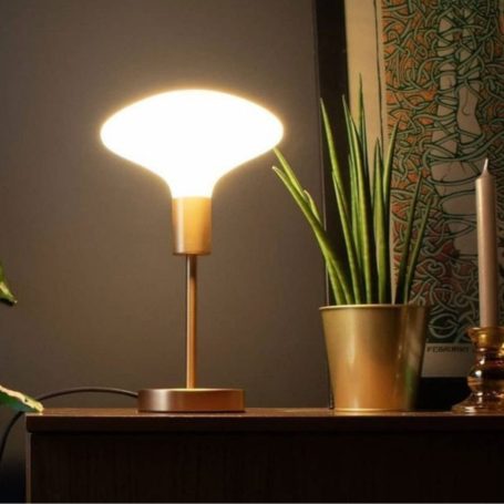Tischleuchte mit Indriga LED Stehlampe mit warmem Licht neben einer grünen Pflanze in einem Topf.