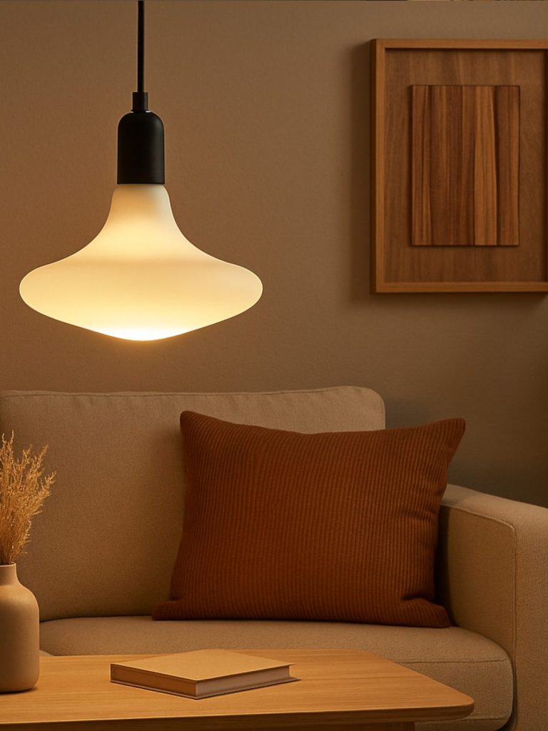 Pendelleuchte mit Indriga Led Hängelampe über einem Sofa mit braurem Kissen und einem kleinen Tisch im Hintergrund.